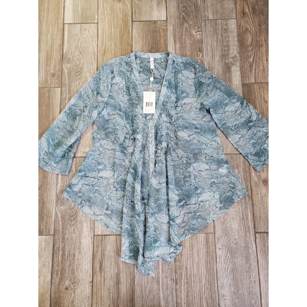 Nwt Rvca Sheer Snake Print Bluse W/ Flared Sleeves In Aqua Blue&Green Size Large